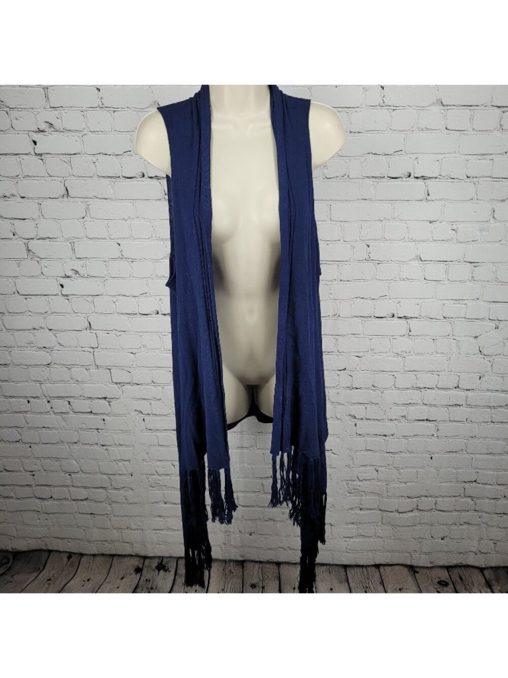 Cache Navy Blue Knit Open Layering Sleeveless Tassel Duster Cardigan Size XL